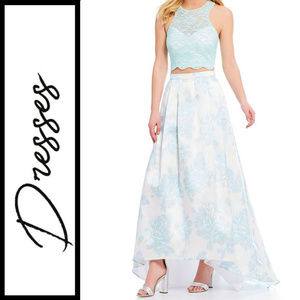 Lace X-Back Top with Floral Skirt Two-Piece